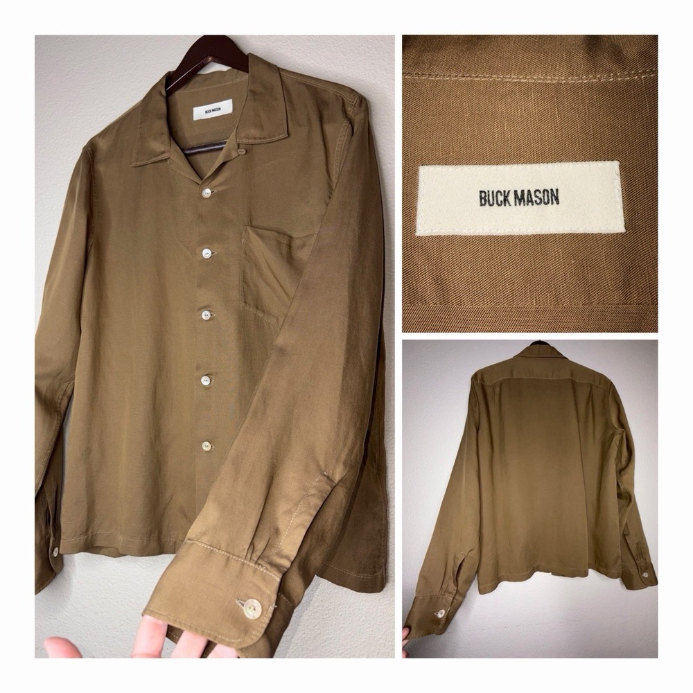 Buck Mason Mens Medium M Lyocell Linen Shirt Olive Brown Long Sleeve